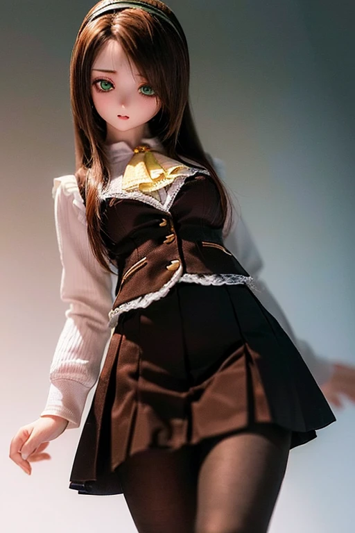 (SFW:2), photorealistic, realistic photo, 8k, ((highest quality)), ((masterpiece)), (extremely detailed), kukolnydom, doll, (mature woman, 21yo, 21 years old, solo:1.6), (cowboy shot, standing, slim, slender, skinny, medium breasts, hairband, ascot, vest, blouse, long puff sleeves, pleated skirt, black pantyhose, green eyes, brown hair, long hair, plastic skin, looking at another, glass eyes, gradient eyes, shining eyes, detailed eyes:1.3)