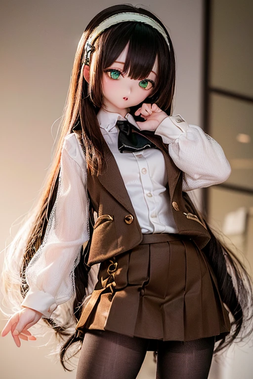 (SFW:2), photorealistic, realistic photo, 8k, ((highest quality)), ((masterpiece)), (extremely detailed), kukolnydom, doll, (mature woman, 21yo, 21 years old, solo:1.6), (cowboy shot, standing, slim, slender, skinny, medium breasts, hairband, ascot, vest, blouse, long puff sleeves, pleated skirt, black pantyhose, green eyes, brown hair, long hair, plastic skin, looking at another, glass eyes, gradient eyes, shining eyes, detailed eyes:1.3)