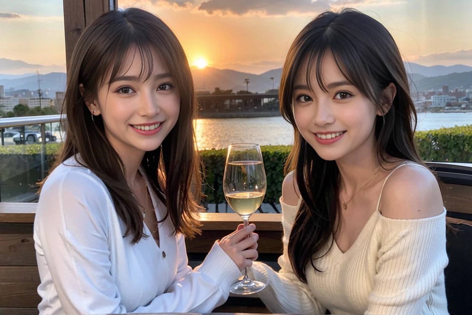 ((Highest quality、8k、masterpiece:1.3))、1 male 1 female,42 years old 39 years old、Slim Beauty、Beautiful couple、Upper Body、smile、 (Slim face), (The body is スリム), (Brown Hair), (Shortcuts), テーブルのフルコースディナーとwine glass、Amazing view of the sunset sky and clouds、smileの美しさ、Wine bottle、sparkling wine、Long sleeve shirt、dress、White wine, red wine, wine glass, Beautiful fine grain, Depth f/2,saturation, High Contrast, Strong light and shadow,Moist Body:1.5、 texture、The hair is very shiny、