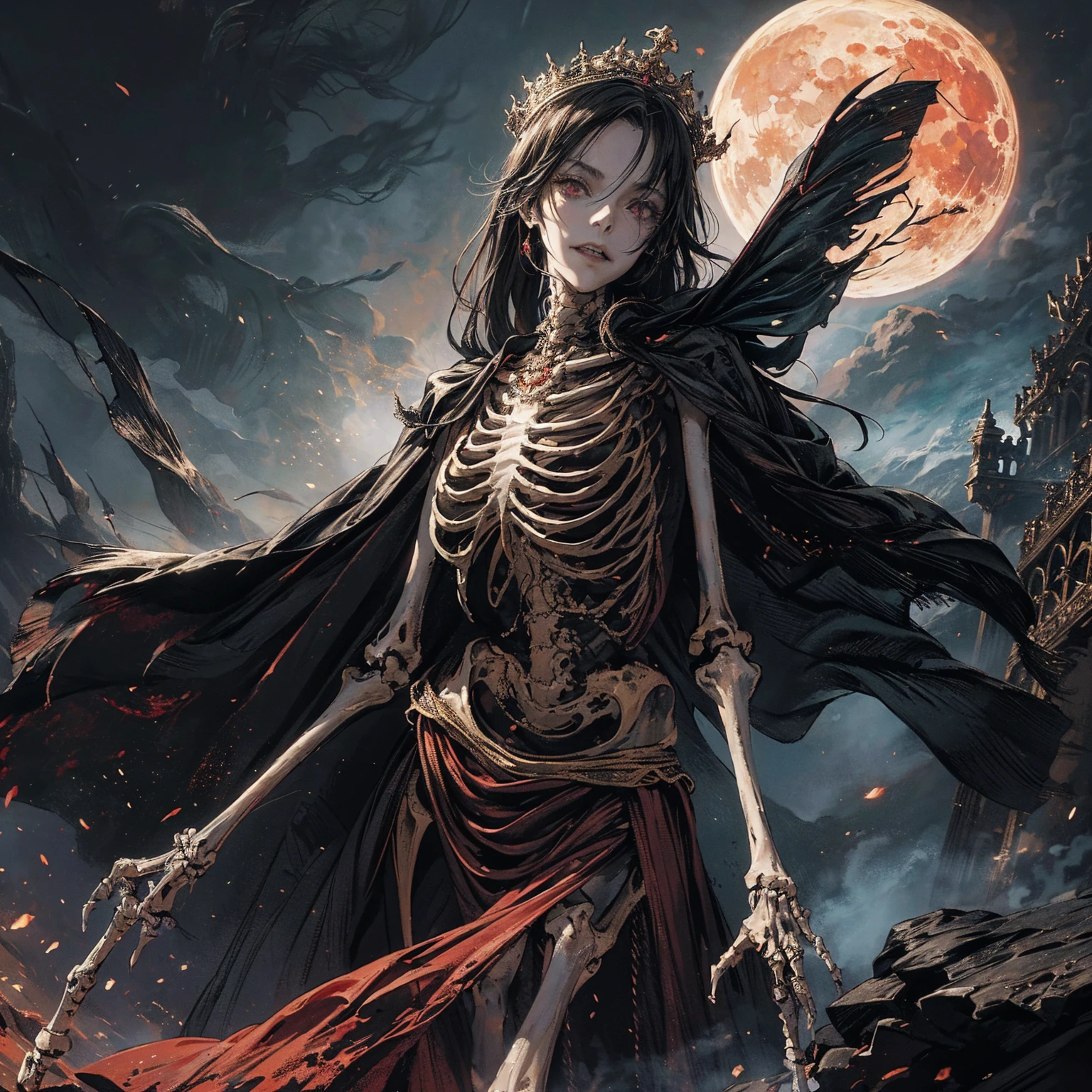 best quality, 4K, high resolution, masterpiece:1.2, Very detailed, actual:1.37, Mood lighting, An undead girl in a long cape, Whole body including two hands & two arms & two legs & two feet are all skeleton bones but except the head is still beautiful human face, Wearing a ragged gothic skirt, Aloofness emotion, Dangerous sneer, Beautiful but cruel smile, Black Hair, Standing, Facing the camera, Crucified, Pitch black sky, Blood-red moon, strange atmosphere, Gothic style, Unforgettable beauty, Dramatic shadows, Ethereal Light, Mysterious atmosphere.
