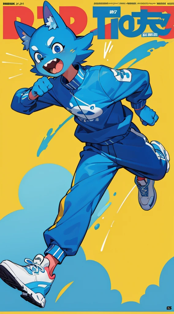 A bright blue dog-themed character, Wearing big sneakers, サイバーパンク, Magazine Cover, Simple Background, Running around, boy, raised fist, projected inset, UHD, best quality, highres, 8k