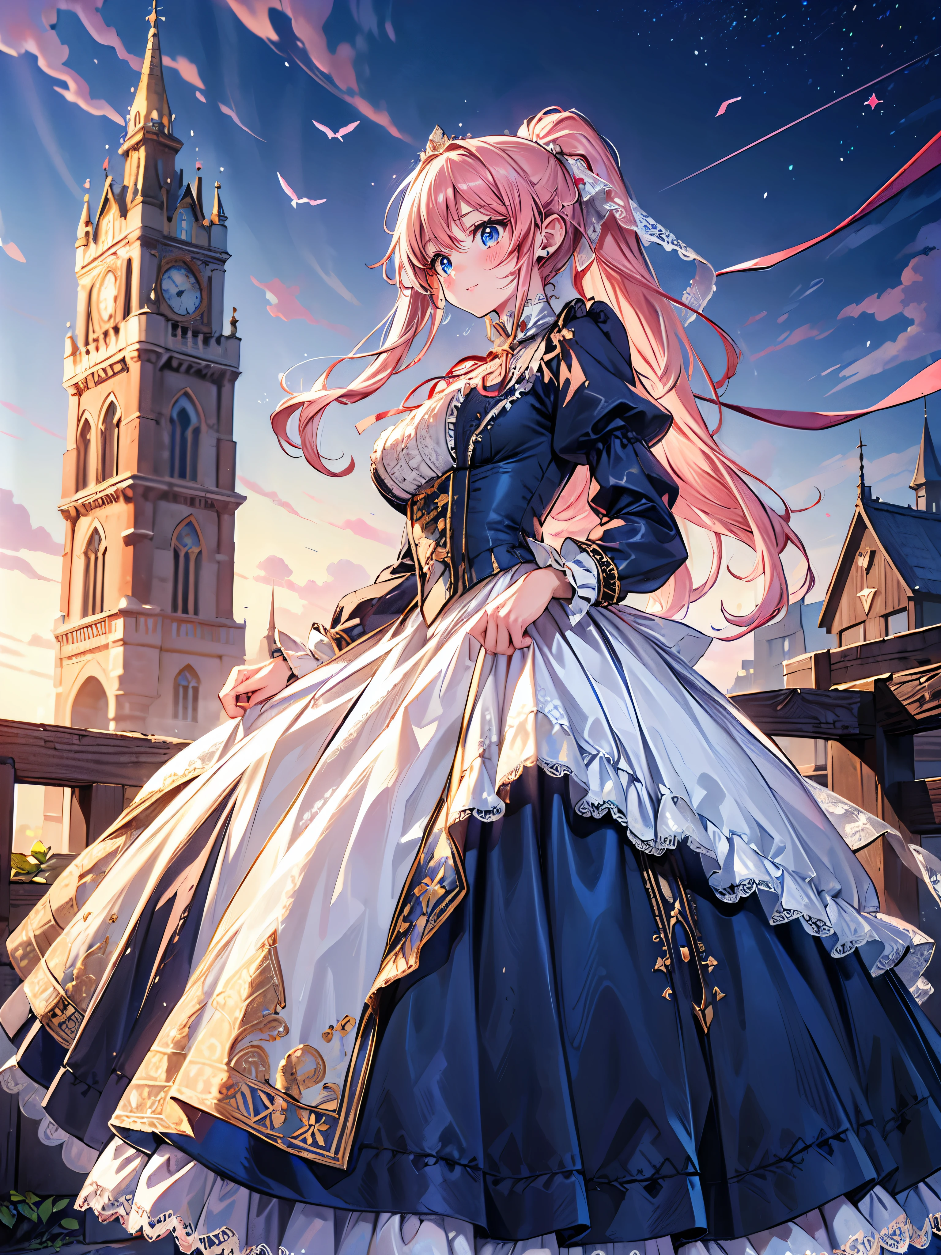 ((Superbly detailed drawing, ultra detailed, exquisite quality, absolutely resolution)), (((young face solo princess))), (((Unsurpassed gorgeous rococo victorian gown with voluminous huge hoopskirt and long hems, hot pink gown,  princess style skirt:1.5))), ((transparency gown, fluffy and full of pleats skirt:1.3)), (Super detailed and intricate exquisite design gown:1.5), ((overwhelming amount many ruffles with ribbons with intricate lace with Super detailed and intricate embroidery:2)), ((huge breasts, breasts cleavage)), (ponytail, fluffy long Expressive, hair pink hair), super voluminous long hair, hair ornament tiara, happy smile, ((upper body, looking up, looking at viewer, from above, leaning forward, from front, curtsey:2)), (blurry background, depth of field:1.5), super detailed skin, super delicate and beautiful face, (eyes blue eyes), (backlighting, particle effect, caustics), (((sharp focus))), (((breasts focus))),  