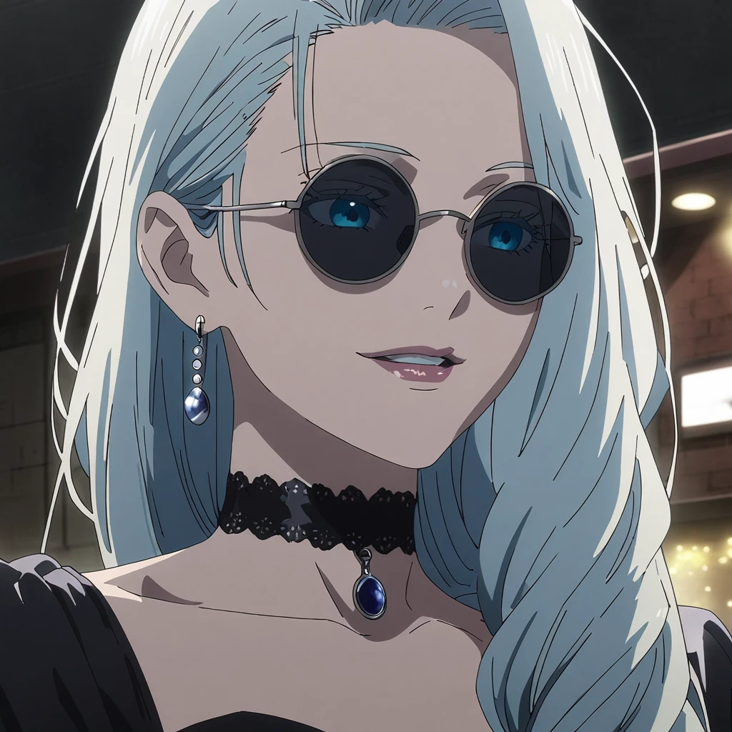 1girl, female gojo satoru, anime screencap from jujutsu kaisen, gojo satoru female version, solo, long_hair, ((Blue eyes)) ((round sunglasses)) ((Silver_hair, hair over ear from one side))((slicked hair)) , night view, upper_body, smile,party hall, parted lips, (long hair) ((wearing black colour prom night outfit, neck choker)) "very detailed and high resolution" (Blue eyes) ((round sunglasses)) ((solo)) (((front view))) (earings) ((high resolution)) ((good quality)) ((silky hair, hair over ear from one side))((hair slicked)) ((parted lips)) 