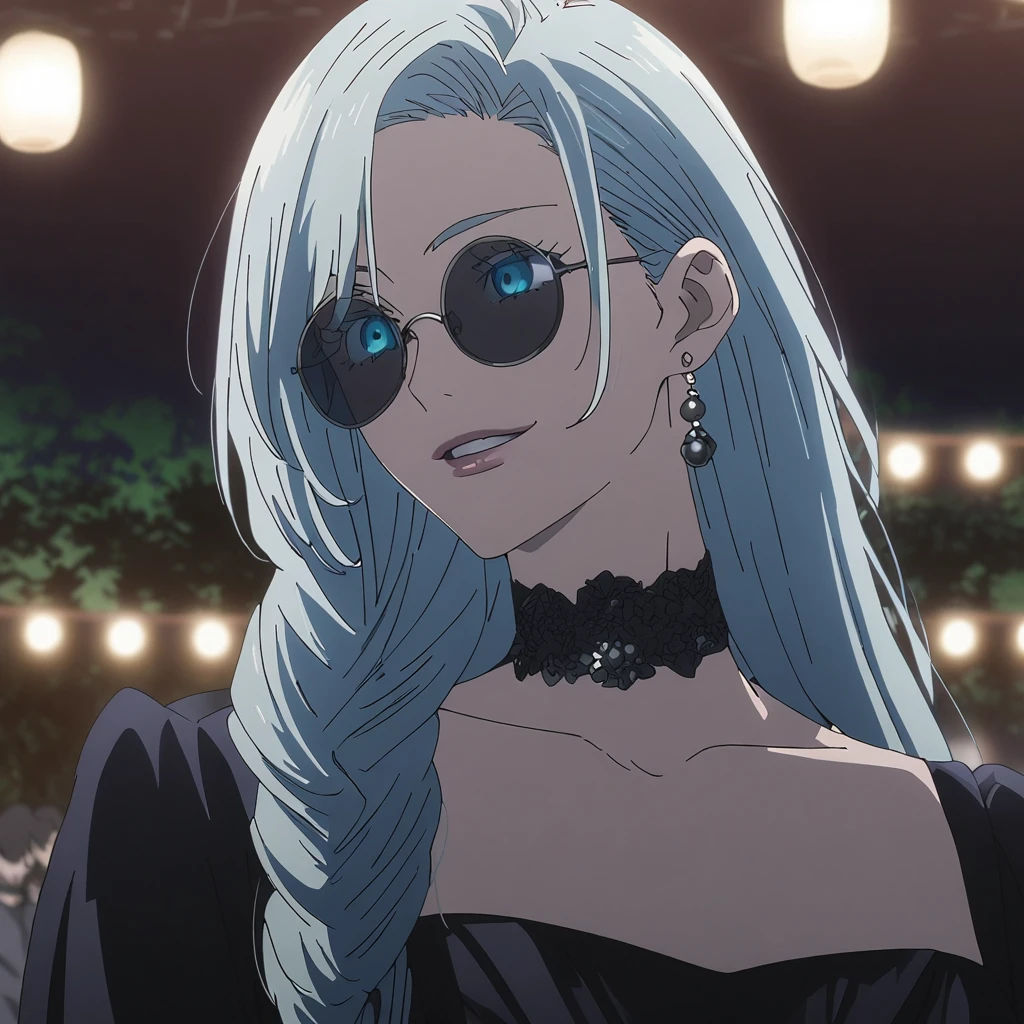 1girl, female gojo satoru, anime screencap from jujutsu kaisen, gojo satoru female version, solo, long_hair, ((Blue eyes)) ((round sunglasses)) ((Silver_hair, hair over ear from one side))((slicked hair)) , night view, upper_body, smile,party hall, parted lips, (long hair) ((wearing black colour prom night outfit, neck choker)) "very detailed and high resolution" (Blue eyes) ((round sunglasses)) ((solo)) (((front view))) (earings) ((high resolution)) ((good quality)) ((silky hair, hair over ear from one side))((hair slicked)) ((parted lips))