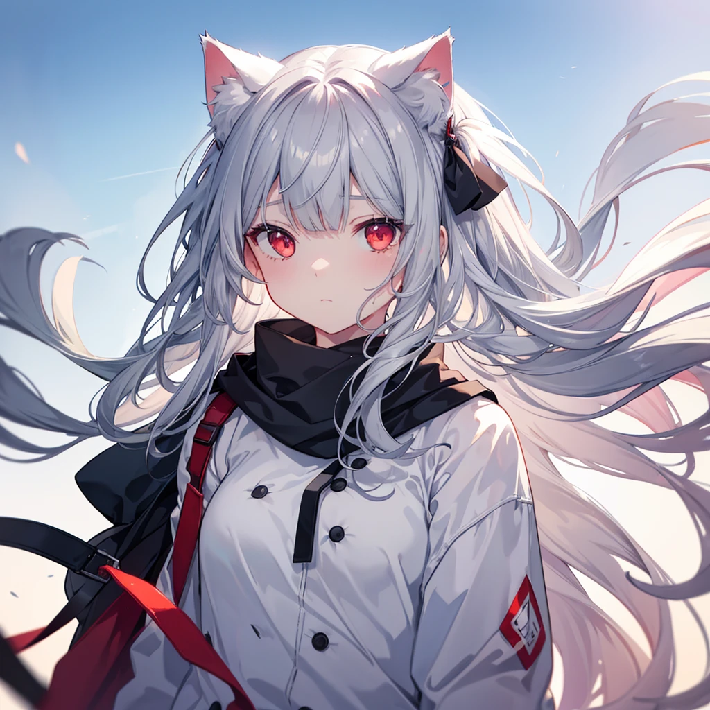 One girl, Long Hair, High resolution, Gaze, Food, Gray Hair, Simple Background, Illustration, Hair blowing in the wind, Deco bangs, Red eyes, Sad, cute,Cat ear