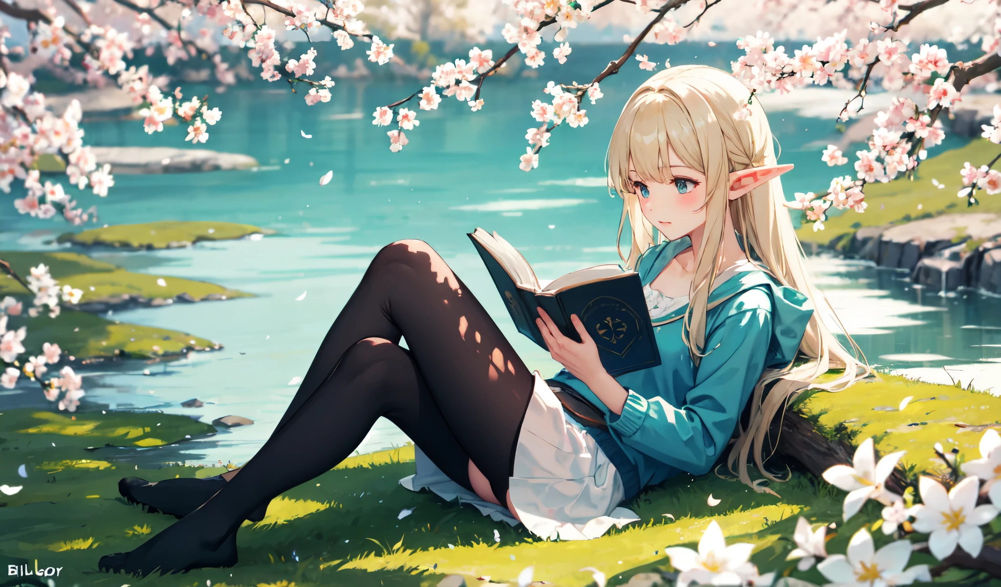 Elf reading a book by the lake, Bright colors, spring, Willow Branch, comfort, Warm sunshine