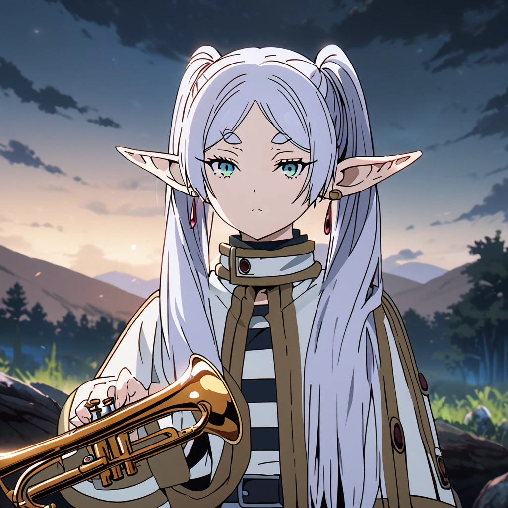 masterpiece, best quality, 4k、2D illustration, one beautiful girl, solo, frieren, pointy ears, elf, earrings, twintails, parted bangs, grey hair, thick eyebrows、((Serious Situations))、((serious face))、speaking something, ((long beautiful hair)), , standing, beautifully detailed eyes、((looking at viewer)), ((a trumpet shell in her hand)), ((sousou_no_frieren))、((close up shot))、((wilderness background))、((night))、((cloudy sky))、 