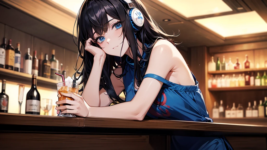 ((UHD, super detail, best quality, highres)),black hair, hair over shoulder, medium hair, blue eyes, (headphones), anime, anime style, (Relax with a drink at the bar counter),(There is alcohol by the side)