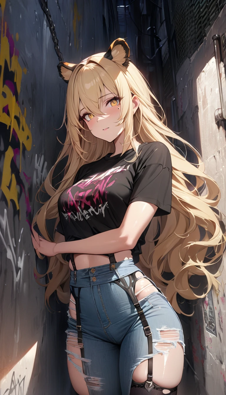 1girl、(((best quality)), ((masterpiece)), (details), masterpiece, best quality, high quality, ulutra detailed, perfect face, ((1girl, blond eyes, tiger ears: 1.3 blond long hair: 2.5,Mole under left eye:2.0))、Shiny Hair、Glowing Skin、Lustful look、 Ripped punk t-shirt, Underhort denim ripped、garter belt jeans, chain, In the back alley, Spray graffiti on the wall、