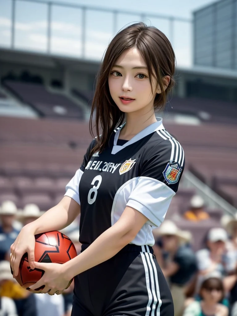 (Highest quality、8k、32K、masterpiece)、(Realistic)、(Realistic:1.2)、(High resolution)、Very detailed、Very beautiful face and eyes、1 girl、Round and small face、Tight waist、Delicate body、(close、Highest quality、Attention to detail、Rich skin detail)、(Highest quality、8k、Oil paints:1.2)、(Realistic、Realistic:1.37)、Bright colors、(((Black Hair)))、(((Cowboy Shot)))、(((Bob Hair)))、(((Football Stadium)))、(((Enthusiastic audience)))、(((Large crowd)))、(((Open your mouth)))、(((Laughter)))、(((Soccer uniforms)))、(((赤と白のSoccer uniforms)))、(((There are no lines on the sleeves)))、(((Short sleeve uniform)))、I have my arms crossed