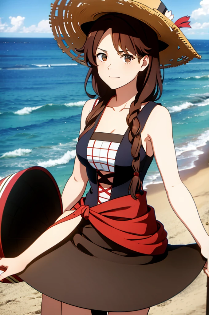 1 female, medium length brown hair, wearing pirate outfit,  wearing straw hat with red band, at beach