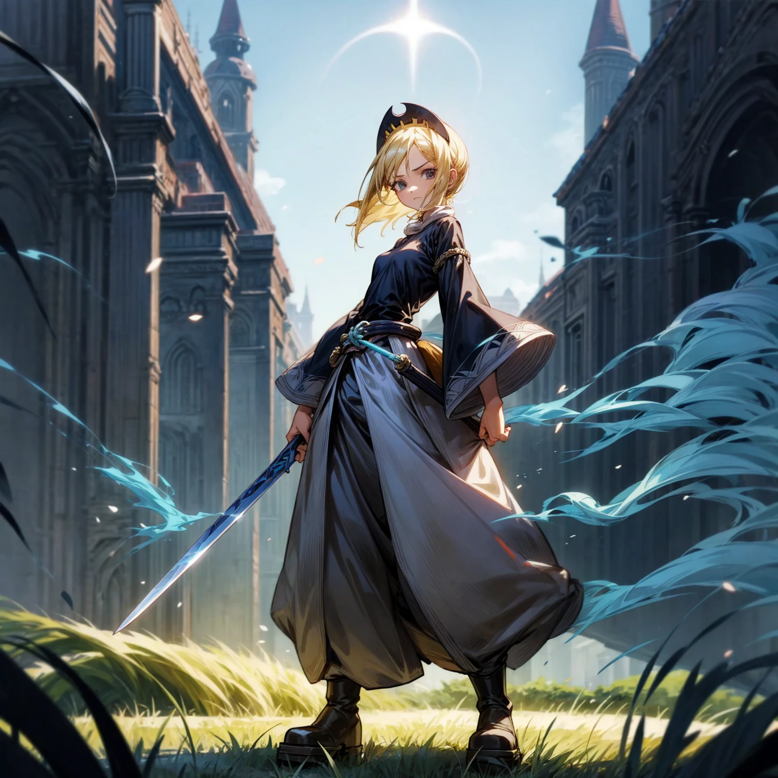1girl, Full body version, 1character, black eyes, long Frizzy haircut, blonde colour hair, medieval clothing, long pants, headband, boots, Grassroots, full background in field town, motion blur, lighting, (one piece art), standing poses, sword in hand, blue smoke on background 