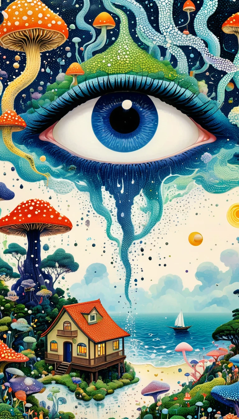Strong visual fusion of multiple elements，Broto，来自Star的艺术家，house：1.37、Eye、Star、cloud、Spore powder、Ocean、rain、Tentacles，Describing the inner world of autistic people，密集Pointillism method。Smooth lines。interesting，Strange illustration。Pointillism method。Strong contrast。Award-winning works。