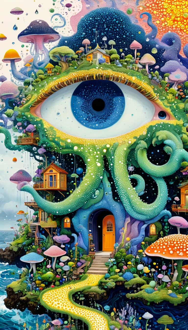 Strong visual fusion of multiple elements，Broto，来自Star的艺术家，house：1.37、Eye、Star、cloud、Spore powder、Ocean、rain、Tentacles，Describing the inner world of autistic people，密集Pointillism method。Smooth lines。interesting，Strange illustration。Pointillism method。Strong contrast。Award-winning works。