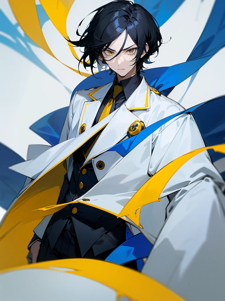 The image features an anime character with black hair and a single white streak. The character has pale skin and is wearing a high-collared blue coat with yellow buttons. They have a serious and stern facial expression, with one yellow eye and one gray eye. The background of the image is bright blue.