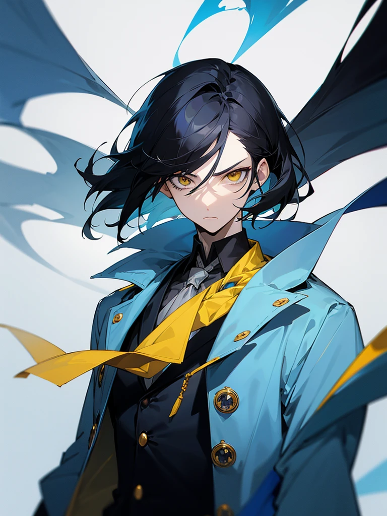 The image features an anime character with black hair and a single white streak. The character has pale skin and is wearing a high-collared blue coat with yellow buttons. They have a serious and stern facial expression, with one yellow eye and one gray eye. The background of the image is bright blue.