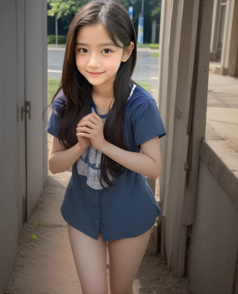 Standing with big white legs and thin feet without shoes