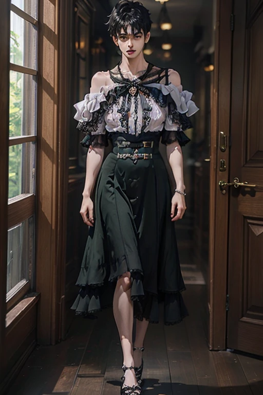 Young man wearing long green dress, full body , off shoulder, thick thighs, wide hips, thin and narrow weist, long legs, very small spikey boyish haircut, hot man,hot male , hot man, hot male , bearded, HD, clear image, clear face 
