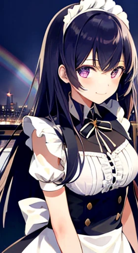 One Girl, (Ultra_detailed), (Written boundary depth), like , gloves, Mouth closed, Long Hair, star (symbol), View your viewers, (Rainbow Hair ), Purple eyes, Upper Body, hair ornaments, :p, Frills, Maid dress, smile, No sleeve, Maid, symbol pupils, fringe, star pupils, Maid caffe, Roaring years, Isoscale, From above, null, flower, cliff, Center of chest, (Folded), (With low-cut top), Maid, city, Tokyo、Long black hair、Big Breasts