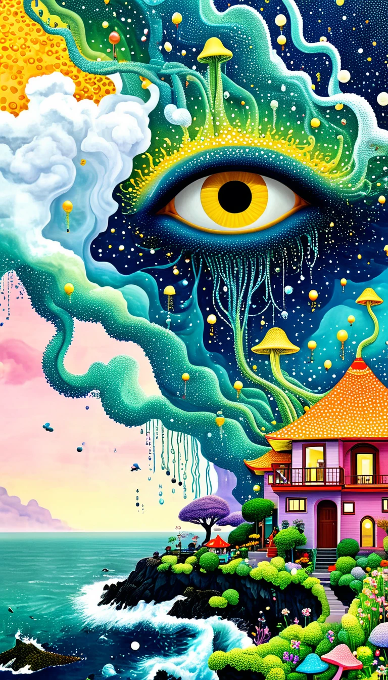 Strong visual fusion of multiple elements，Broto，来自Star的艺术家，house：1.37、Eye、Star、cloud、Spore powder、Ocean、rain、Tentacles，Describing the inner world of autistic people，密集Pointillism method。Smooth lines。interesting，Strange illustration。Pointillism method。Strong contrast。Award-winning works。