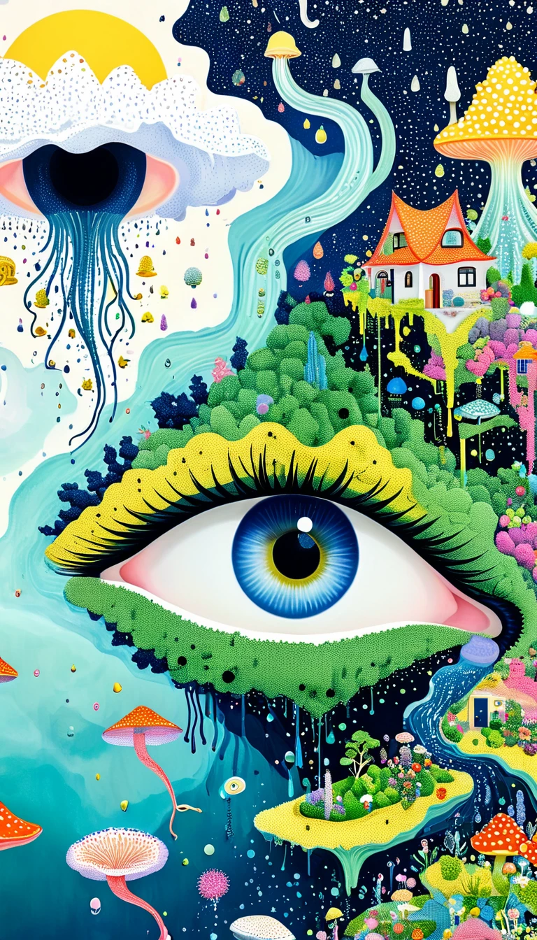 Strong visual fusion of multiple elements，Broto，来自Star的艺术家，house：1.37、Eye、Star、cloud、Spore powder、Ocean、rain、Tentacles，Describing the inner world of autistic people，密集Pointillism method。Smooth lines。interesting，Strange illustration。Pointillism method。Strong contrast。Award-winning works。