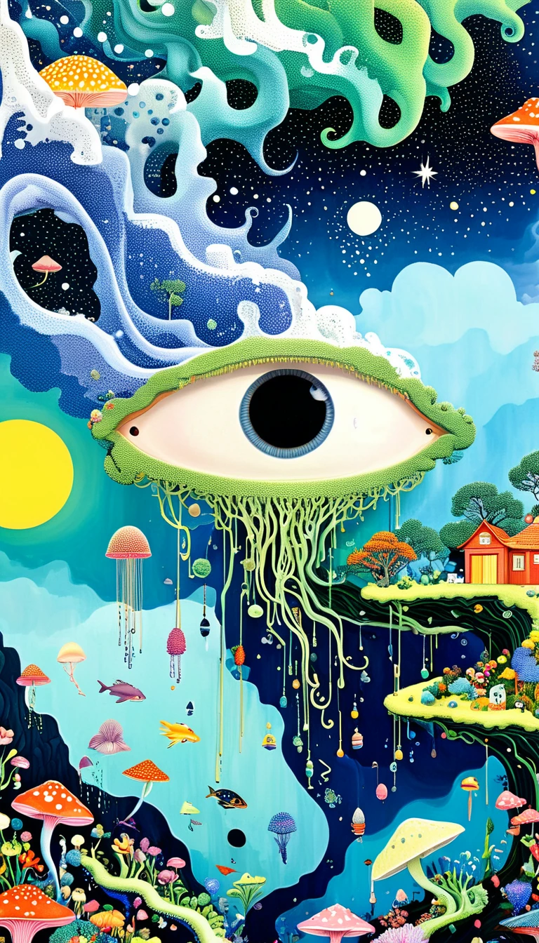 Strong visual fusion of multiple elements，Broto，来自Star的艺术家，house：1.37、Eye、Star、cloud、Spore powder、Ocean、rain、Tentacles，Describing the inner world of autistic people，密集Pointillism method。Smooth lines。interesting，Strange illustration。Pointillism method。Strong contrast。Award-winning works。