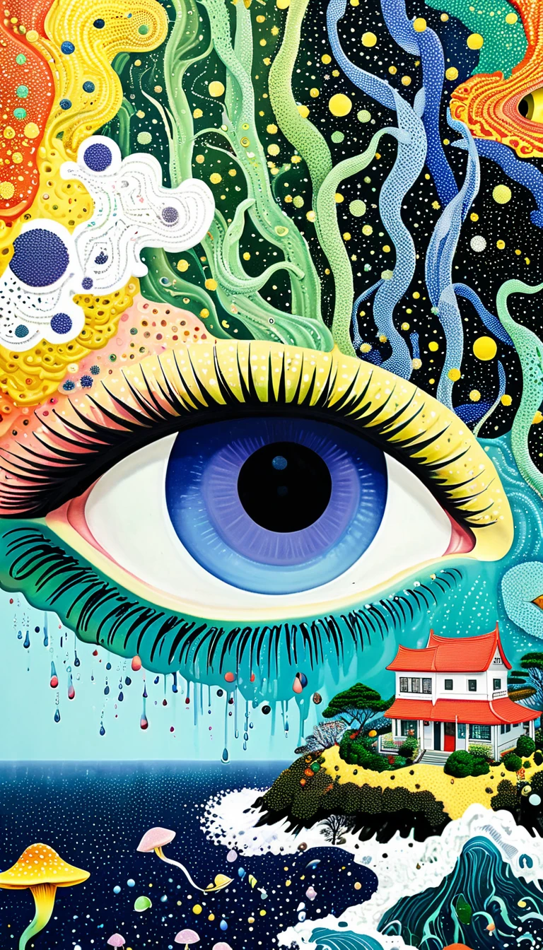 Strong visual fusion of multiple elements，Broto，来自Star的艺术家，house：1.37、Eye、Star、cloud、Spore powder、Ocean、rain、Tentacles，Describing the inner world of autistic people，密集Pointillism method。Smooth lines。interesting，Strange illustration。Pointillism method。Strong contrast。Award-winning works。