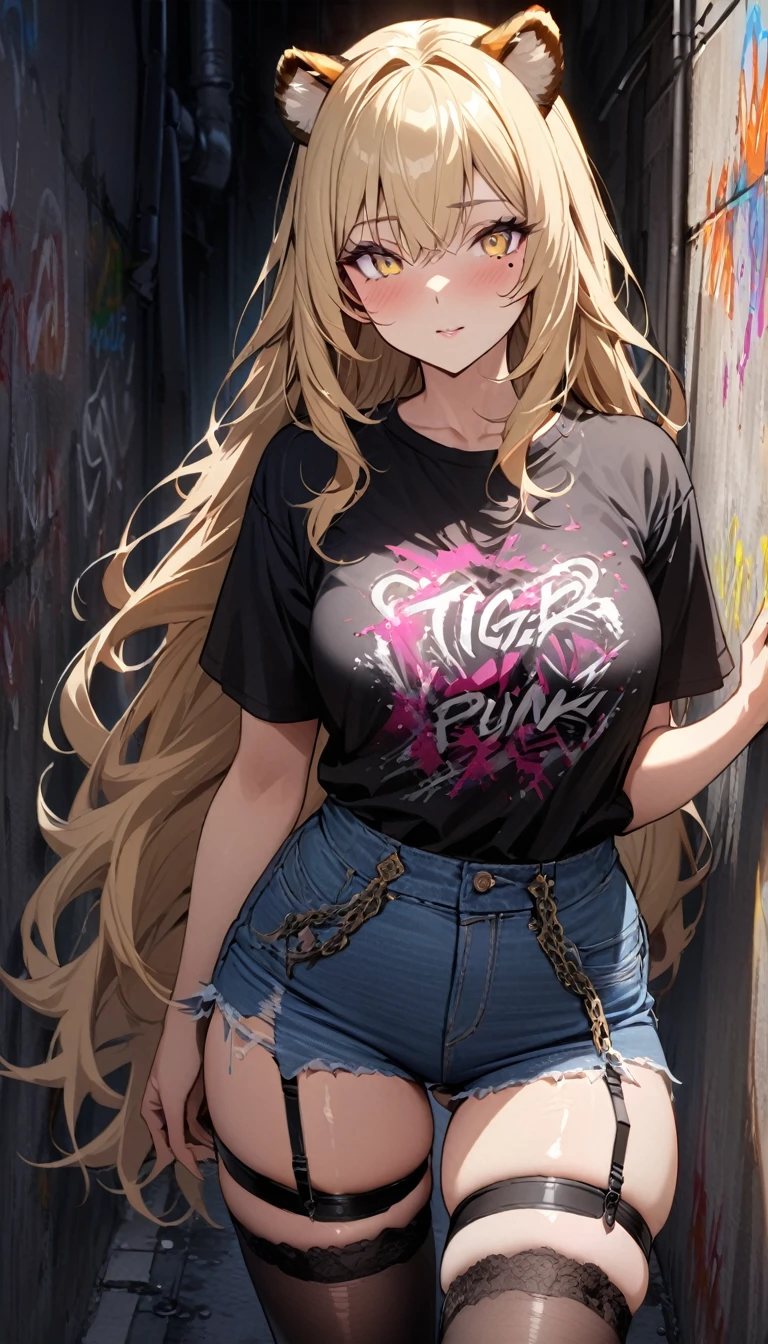 1girl、(((best quality)), ((masterpiece)), (details), masterpiece, best quality, high quality, ulutra detailed, perfect face, ((1girl, blond eyes, tiger ears: 1.3 blond long hair: 2.5,Mole under left eye:2.0))、Shiny Hair、Glowing Skin、Lustful look、 Ripped punk t-shirt, Underhort denim ripped、garter belt jeans, chain, In the back alley, Spray graffiti on the wall、