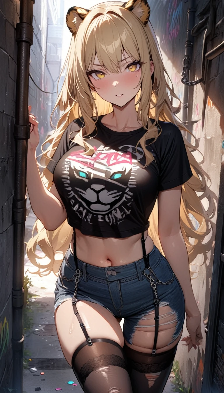 1girl、(((best quality)), ((masterpiece)), (details), masterpiece, best quality, high quality, ulutra detailed, perfect face, ((1girl, blond eyes, tiger ears: 1.3 blond long hair: 2.5,Mole under left eye：2.0))、Shiny Hair、Glowing Skin、Lustful look、 Ripped punk t-shirt, Underhort denim ripped、garter belt jeans, chain, In the back alley, Spray graffiti on the wall、