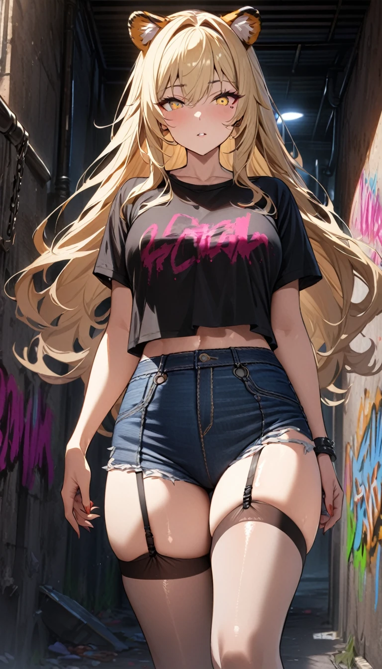 1girl、(((best quality)), ((masterpiece)), (details), masterpiece, best quality, high quality, ulutra detailed, perfect face, ((1girl, blond eyes, tiger ears: 1.3 blond long hair: 2.5,Mole under left eye：2.0))、Shiny Hair、Glowing Skin、Lustful look、 Ripped punk t-shirt, Underhort denim ripped、garter belt jeans, chain, In the back alley, Spray graffiti on the wall、