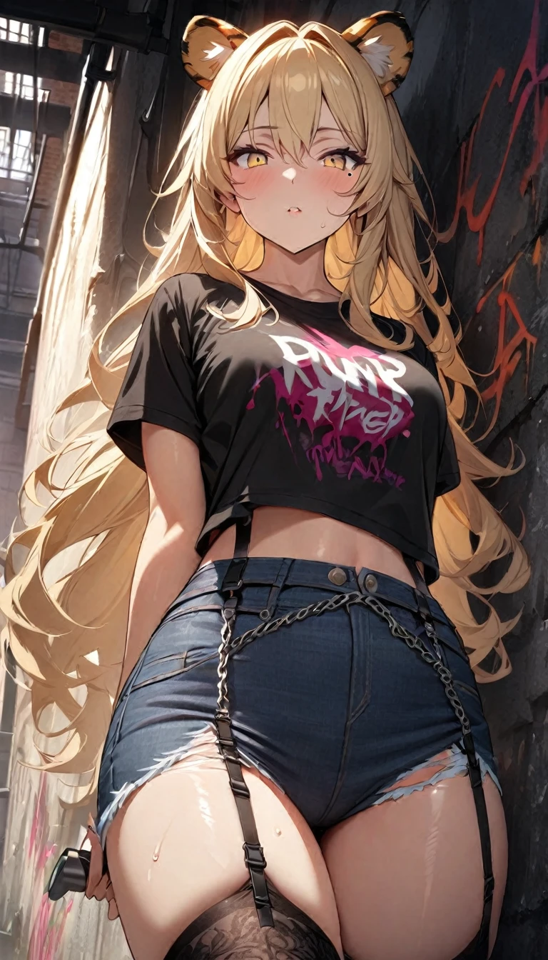 1girl、(((best quality)), ((masterpiece)), (details), masterpiece, best quality, high quality, ulutra detailed, perfect face, ((1girl, blond eyes, tiger ears: 1.3 blond long hair: 2.5,Mole under left eye：2.0))、Shiny Hair、Glowing Skin、Lustful look、 Ripped punk t-shirt, Underhort denim ripped、garter belt jeans, chain, In the back alley, Spray graffiti on the wall、