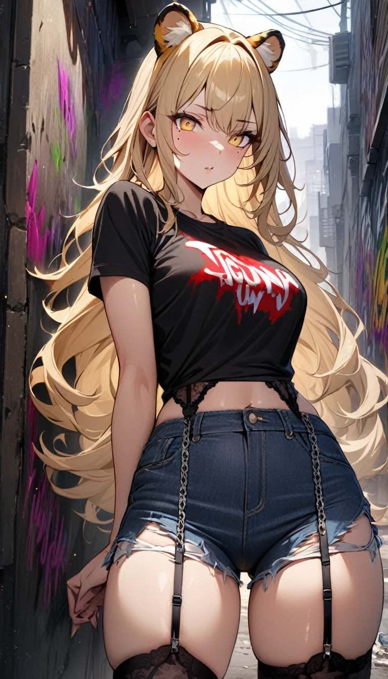1girl、(((best quality)), ((masterpiece)), (details), masterpiece, best quality, high quality, ulutra detailed, perfect face, ((1girl, blond eyes, tiger ears: 1.3 blond long hair: 2.5,Mole under left eye：2.0))、Shiny Hair、Glowing Skin、Lustful look、 Ripped punk t-shirt, Underhort denim ripped、garter belt jeans, chain, In the back alley, Spray graffiti on the wall、