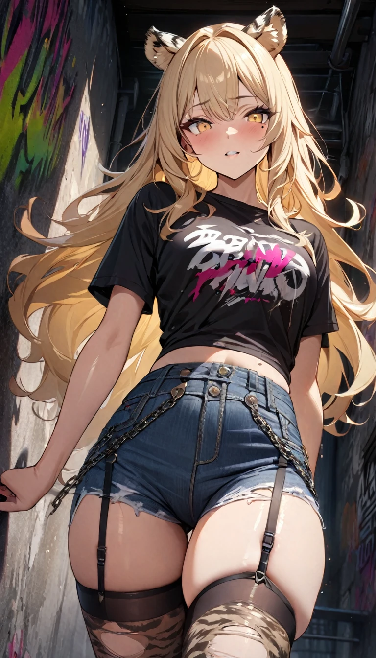 1girl、(((best quality)), ((masterpiece)), (details), masterpiece, best quality, high quality, ulutra detailed, perfect face, ((1girl, blond eyes, tiger ears: 1.3 blond long hair: 2.5,Mole under left eye:2.0))、Shiny Hair、Glowing Skin、Lustful look、 Ripped punk t-shirt, Underhort denim ripped、garter belt jeans, chain, In the back alley, Spray graffiti on the wall、