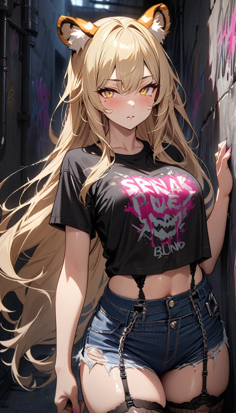 1girl、(((best quality)), ((masterpiece)), (details), masterpiece, best quality, high quality, ulutra detailed, perfect face, ((1girl, blond eyes, tiger ears: 1.3 blond long hair: 2.5,Mole under left eye:2.0))、Shiny Hair、Glowing Skin、Lustful look、 Ripped punk t-shirt, Underhort denim ripped、garter belt jeans, chain, In the back alley, Spray graffiti on the wall、