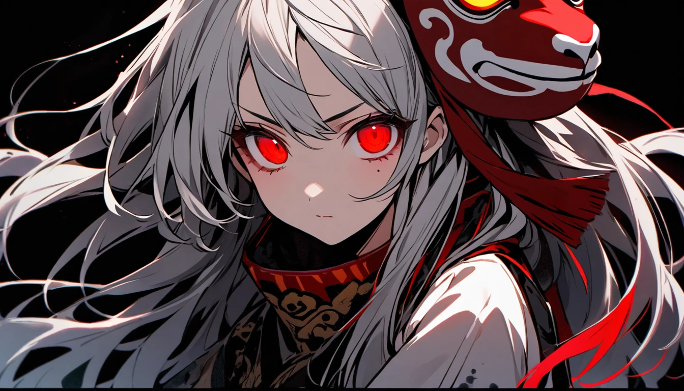  girl character. Grey hair, glowing red eyes, long hair, mole under left eye. Describe the person only, without background. Wearing a monkey mask. Single. Upper body