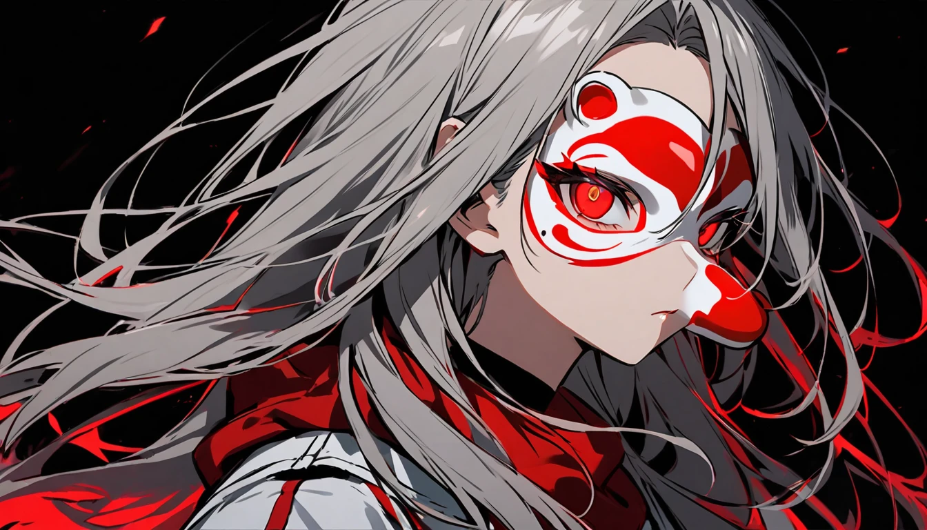 Teenage girl character. Grey hair, glowing red eyes, long hair, mole under left eye. Describe the person only, without background. Wearing a monkey mask. Single. Upper body