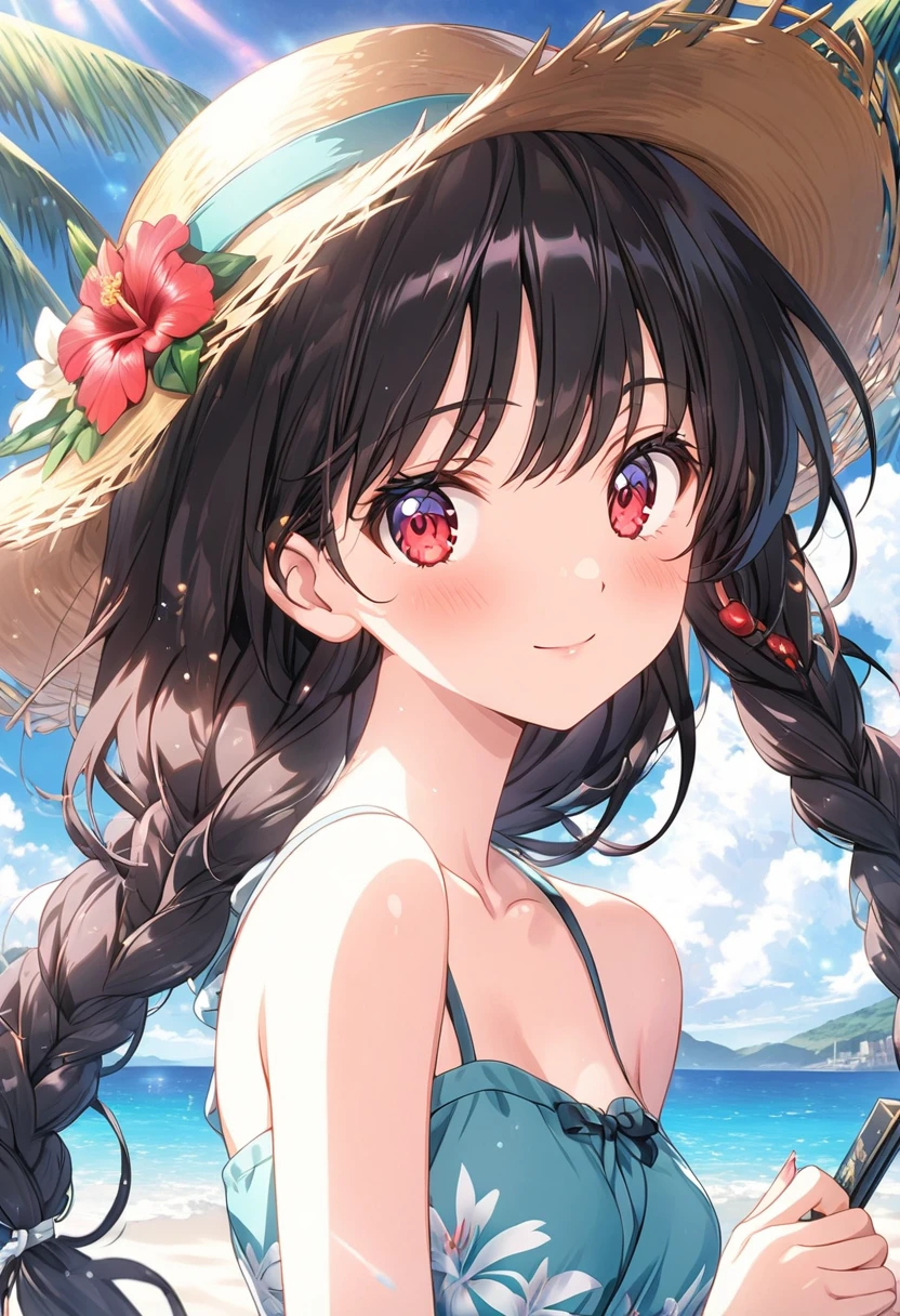 (masterpiece, best quality), very aesthetic, absurdres, extremely detailed CG unity 8k wallpaper, cel anime style, super fine illustration, (detailed_face:1.2), BREAK 1girl, long black hair wearing a straw hat, (sarong pass), small breasts, (glamorous expression), red eyes, anime style 8k, beautiful anime portrait, anime moe art style, anime art wallpaper 8k, High quality anime art style, anime style portrait, be familiar with digital anime art, anime art wallpaper 8k, cute anime girl portrait, Hawaii background, blue sea, palm trees, sunlight, full body, BREAK depth of field, perfect hands, nice fingers, 5_finger, 4_finger,1_thumb,
