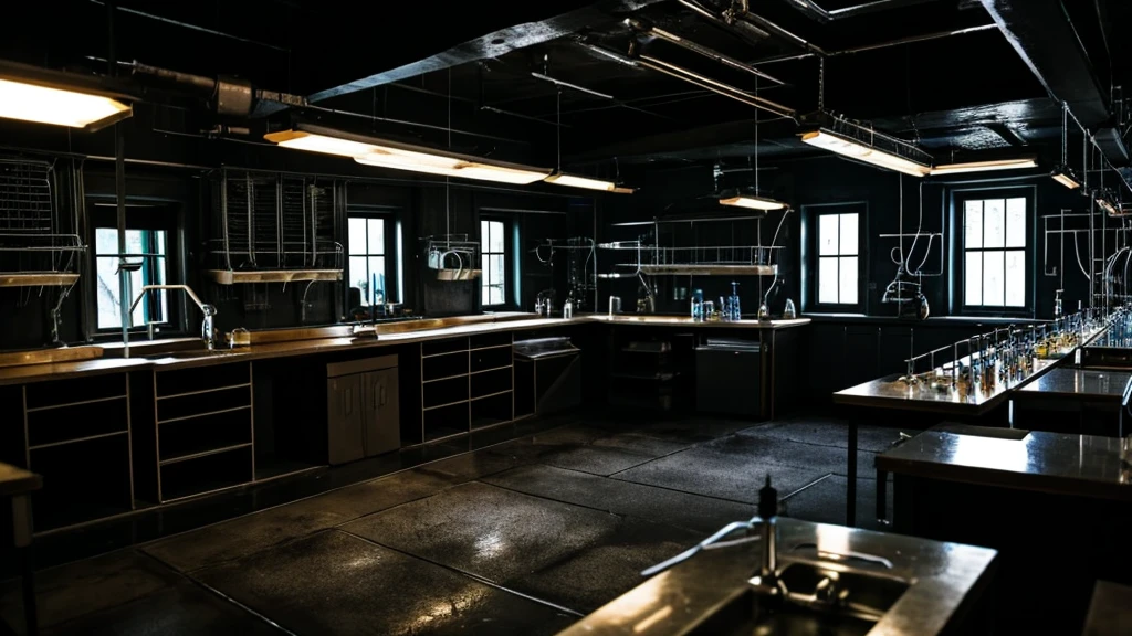 a cool science lab with many spiders and cool background dark themed with electrics