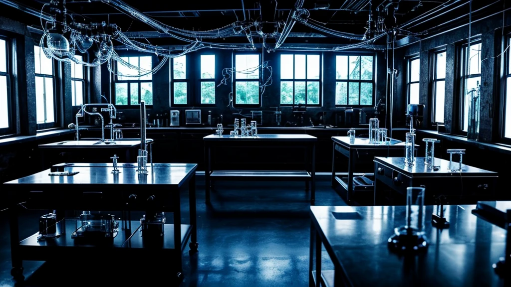 a cool science lab with many spiders and cool background dark themed with electrics