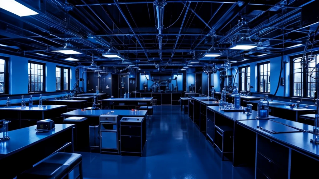 a cool science lab with many spiders and cool background dark themed with electrics