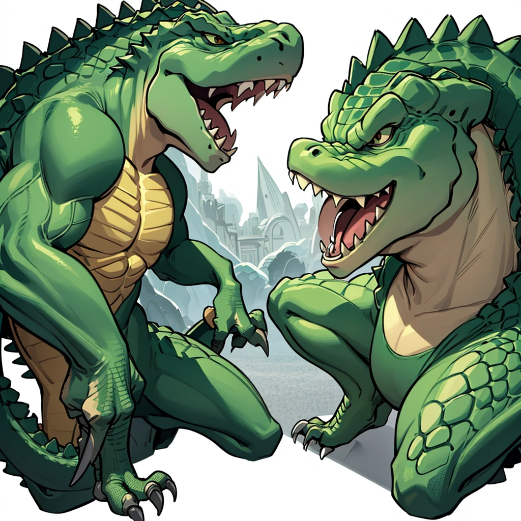 (Full body character concept、group)、8k、Best illustrations、Best Quality、((((No humans)))), reptiles,, green body, Crocodile human, Muscular,、Combat Stance、(Crocodile scales)、From above at an angle、(White background)