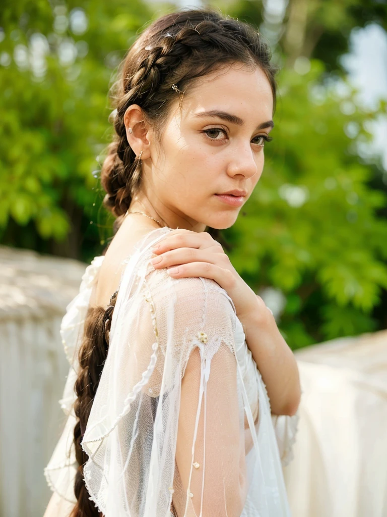 A young woman with long, dark braided hair poses in a softly lit outdoor setting. She wears a delicate, sheer white shawl adorned with gold trim and subtle embellishments. Her expression is gentle and inviting as she slightly turns her head, revealing her smooth complexion and large, expressive eyes. The background features lush greenery, adding a vibrant, natural ambiance to the scene.