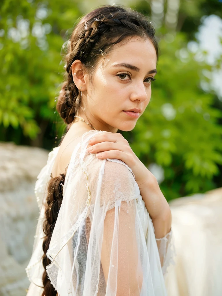 A young woman with long, dark braided hair poses in a softly lit outdoor setting. She wears a delicate, sheer white shawl adorned with gold trim and subtle embellishments. Her expression is gentle and inviting as she slightly turns her head, revealing her smooth complexion and large, expressive eyes. The background features lush greenery, adding a vibrant, natural ambiance to the scene.