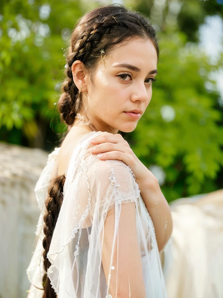 A young woman with long, dark braided hair poses in a softly lit outdoor setting. She wears a delicate, sheer white shawl adorned with gold trim and subtle embellishments. Her expression is gentle and inviting as she slightly turns her head, revealing her smooth complexion and large, expressive eyes. The background features lush greenery, adding a vibrant, natural ambiance to the scene.