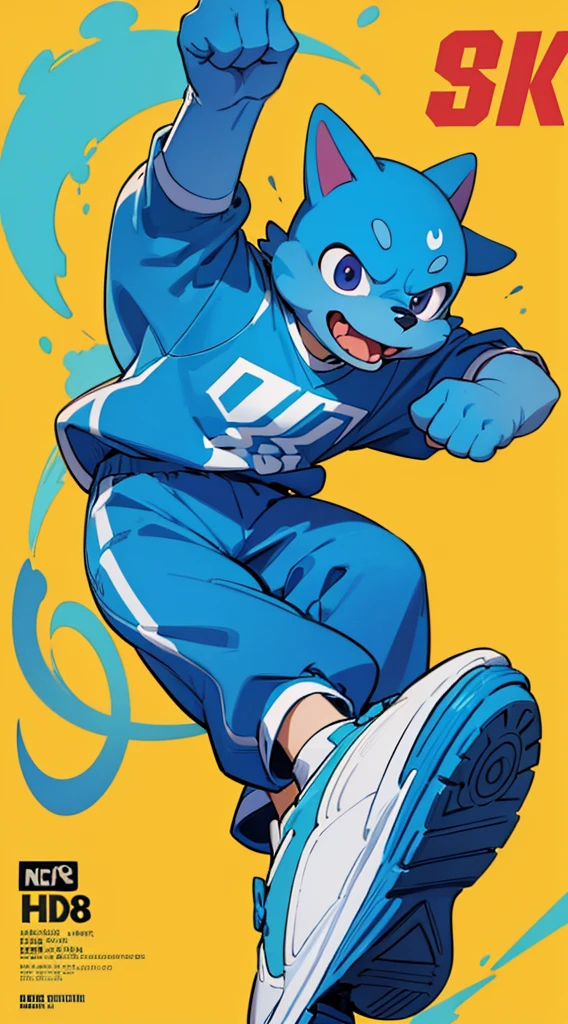 A bright blue dog-themed character, Wearing big sneakers, サイバーパンク, Magazine Cover, Simple Background, Running around, boy, raised fist, projected inset, UHD, best quality, highres, 8k