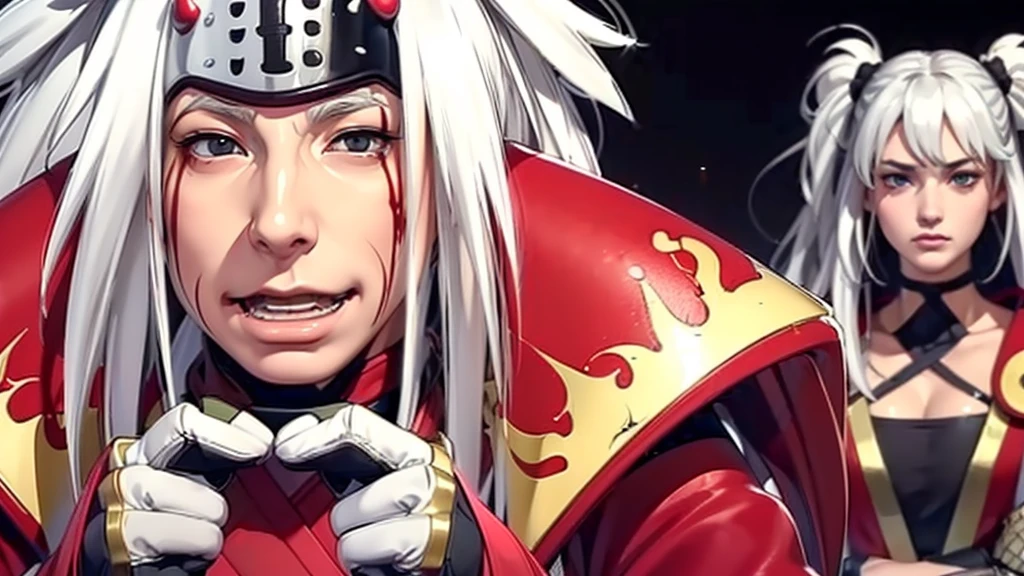 (（（Perfect body,White and tender skin,（（（Wearing a red coat with brown clothes inside, wooden clogs on feet, ninja protective gear on both hands, and a large scroll hanging behind them）））,（（（Jiraiya，Wearing forehead protectors, long white hair, and red marks under the eyes,）））,((masterpiece)),high resolution, ((Best quality at best)),masterpiece,quality,Best quality,（（（ Exquisite facial features,Looking at the audience,There is light in the eyes,Nosebleeds）））,）））,（（（Light and shadow,）））,（（（Looking at the camera,black background,)））)