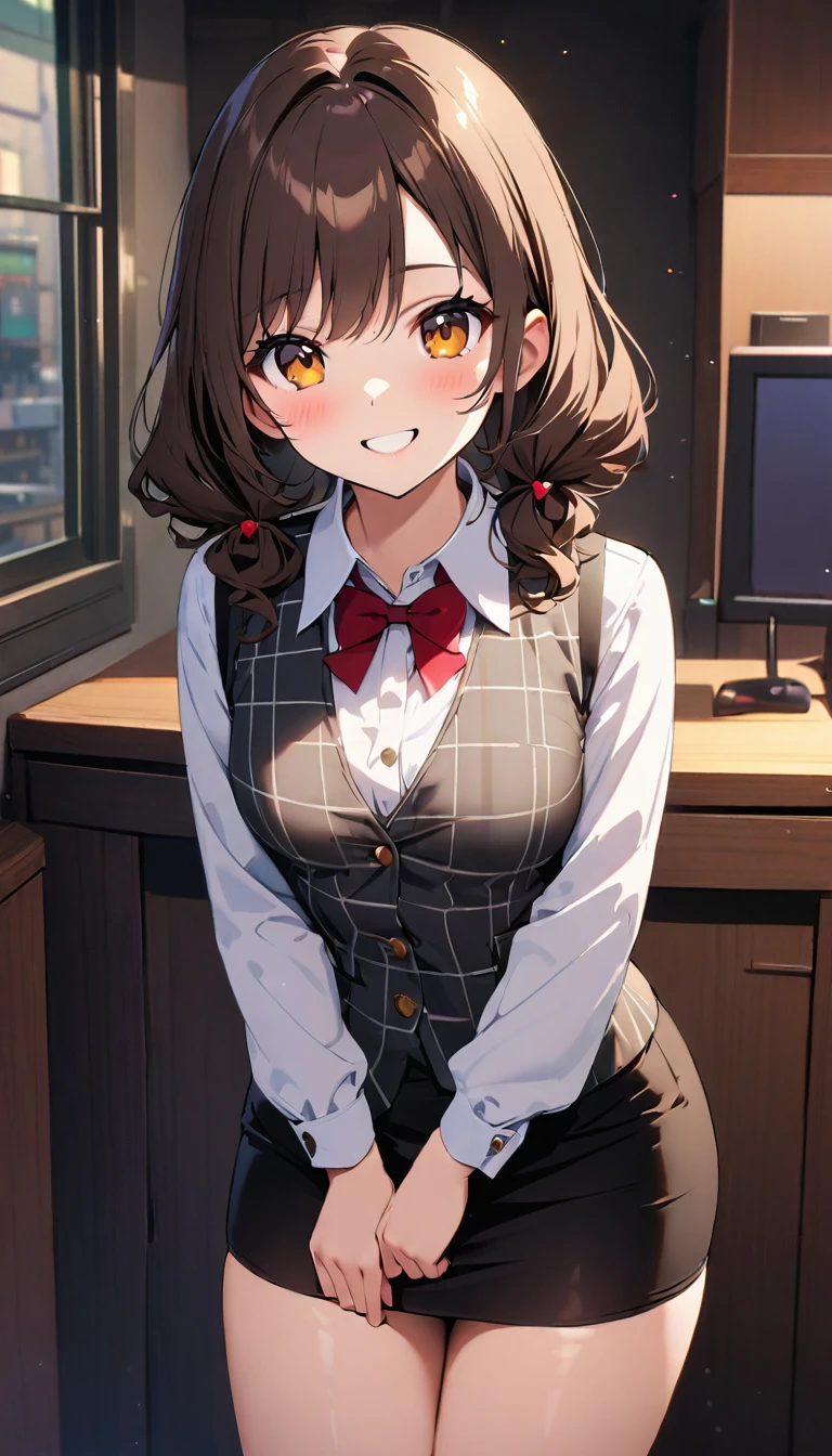 (Highest qualityのイラスト:1.2), (pretty girl:1.1), (1 girl、17 years old、Highest qualityのイラスト:1.2), (1 girl、smile、Small breasts、Very detailedな目:1.2)、{(((Dark brown hair)))、short hair、Wavy Hair、Curly Hair、Low Twintails}、Small breasts、(Highest quality、Very detailed、Very detailed and beautiful、Ultra-high resolution) 、BREAK wearing a [[white and gray plaid pattern]] vest over a long sleeve white collared-shirt), (buttoned gray vest:), (tight black pencil skirt)、office、Front facing、smile、

