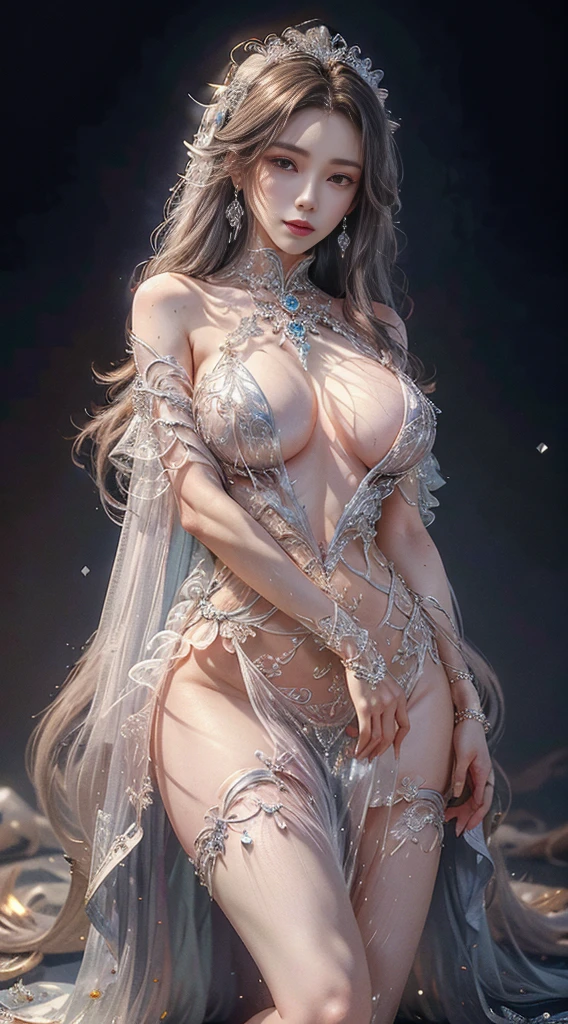 Woman wearing a silver transparent dress,Beautiful eyes,pink nipples，slender thighs，(((Huge breasts, The cracks are quite large.))),Slender waist,(bare waist), long gray hair, micro curly hair, Very detailed details,high end art station, rainstorm website, Detailed fantasy art, Amazing character art, Beautiful and beautiful character art, Beautiful gold and silver armor, The content is very detailed., girl in shining armor, Beautiful headdresses and accessories,Filigree crystal jewelry, galaxy, Amazing pictures, (dynamic lines, Track light:1.2), Lively with color,8ก，quality，