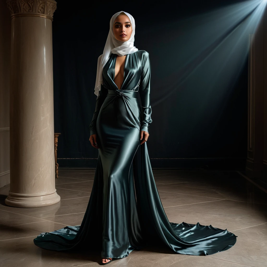 a woman in the translucent dark silk gown, tight full body tied, satin sheet, nipple on with nipple piercing, wear modern hijab, full body, long satin,mermaid tight long gown, flowy dramatic long gown, tall women, strugle to walk, wear high heels, masterpice