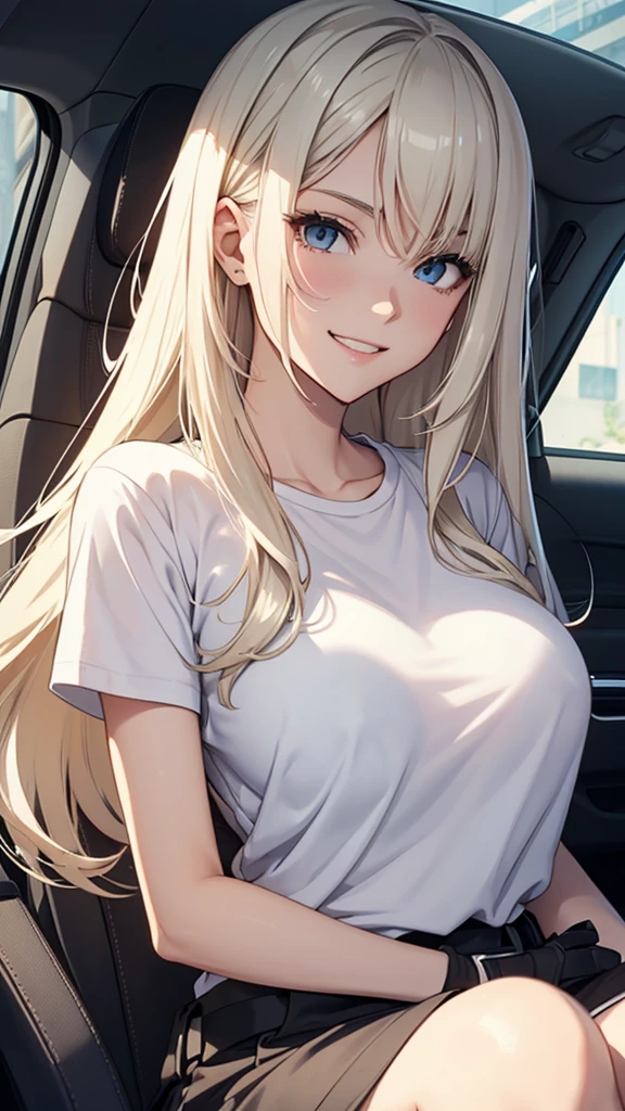 Gal、Wearing a seat belt、Large Breasts、White T-shirt、Her hair is blonde and silver、Face smiling happily、Around 25 years old、Anime style illustration long hair,
